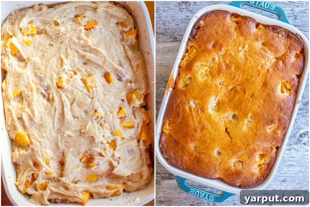 Golden Peach Crumble Cake 4 Fresh peach cake in a pan before baking and a fully baked peach cake, showing golden-brown streusel