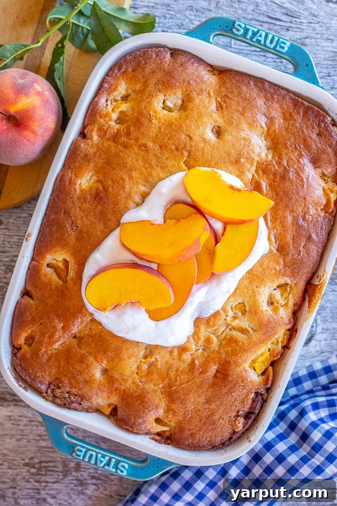 Golden Peach Crumble Cake 5 A baked peach cake in a pan, beautifully topped with fresh peach slices and a swirl of whipped cream