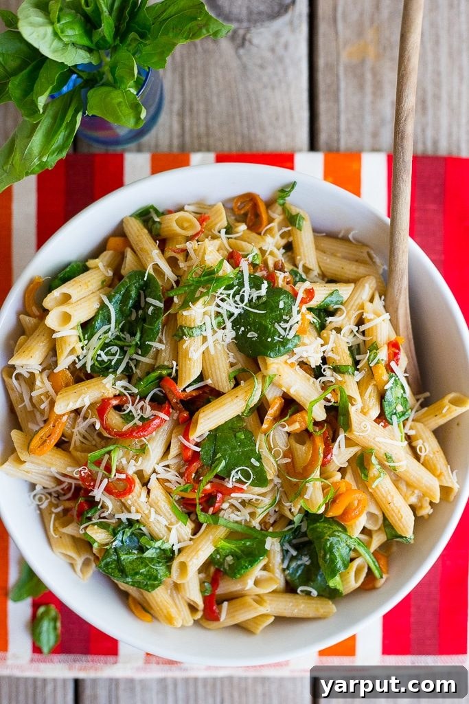 Sweet Pepper Balsamic Pasta with Fresh Spinach and Shaved Parmesan 5 Artfully plated Balsamic Sweet Pepper Pasta ready to be enjoyed
