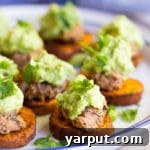 Sweet Potato Bites with Black Bean Hummus and Guacamole recipe card image