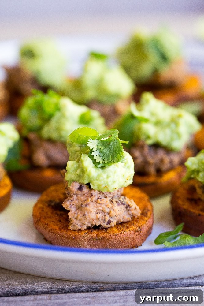 A plate full of vibrant Sweet Potato Bites, each topped with creamy Black Bean Hummus and fresh Guacamole, garnished with cilantro.