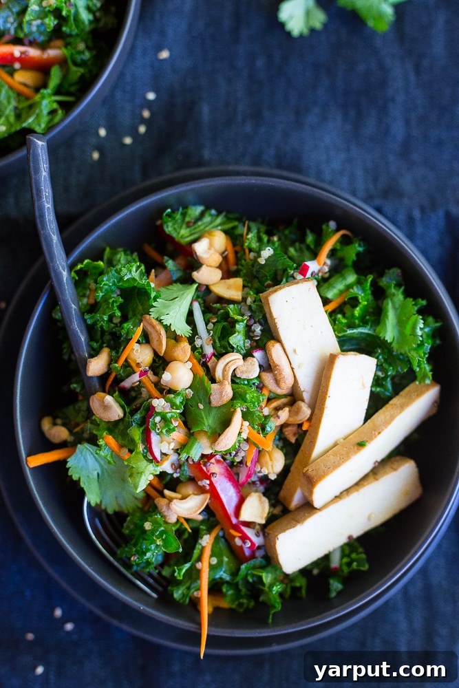 Nourishing Asian Kale Salad 3 This Asian Kale Power Salad is packed with protein, flavor and crunch to keep you feeling full all afteroon! Perfect for lunch! Gluten free and vegan too!
