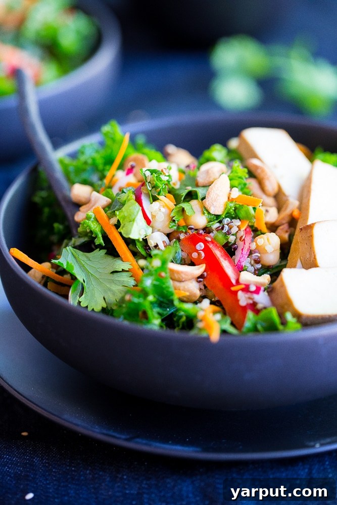 Nourishing Asian Kale Salad 4 This Asian Kale Power Salad is packed with protein, flavor and crunch to keep you feeling full all afteroon! Perfect for lunch! Gluten free and vegan too!