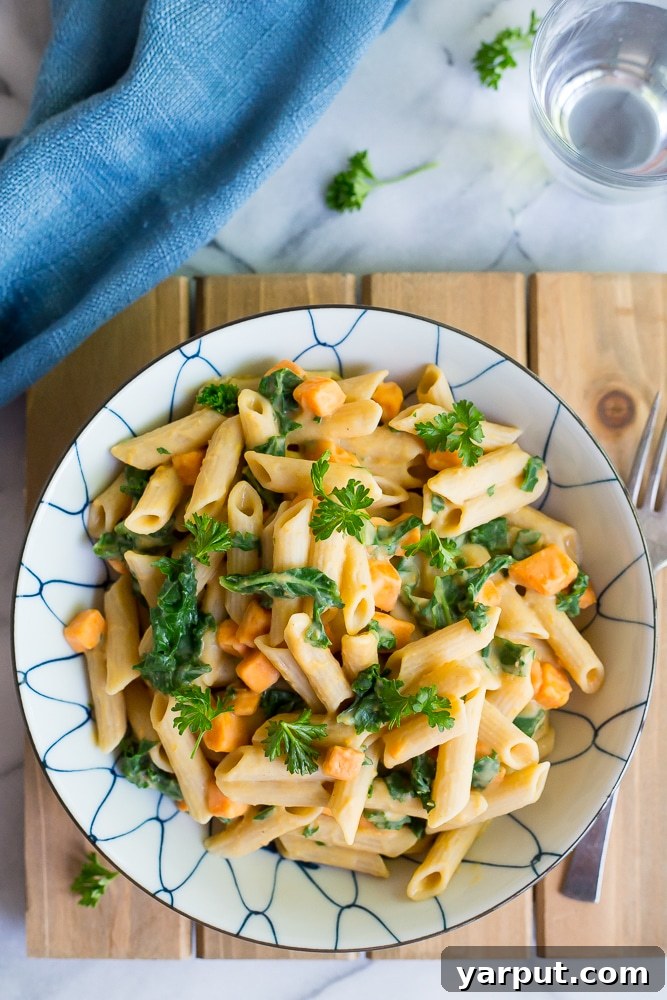 Golden Sweet Potato and Kale Pasta with Creamy White Bean Sauce 4 A serving of Creamy White Bean Pasta with Sweet Potato and Kale in a bowl, garnished with fresh herbs.