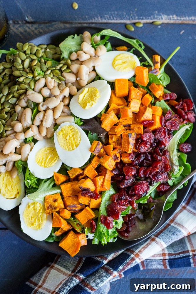 Roasted Sweet Potato Vegetarian Cobb 3 Assembling a healthy and delicious Vegetarian Cobb Salad with Sweet Potato