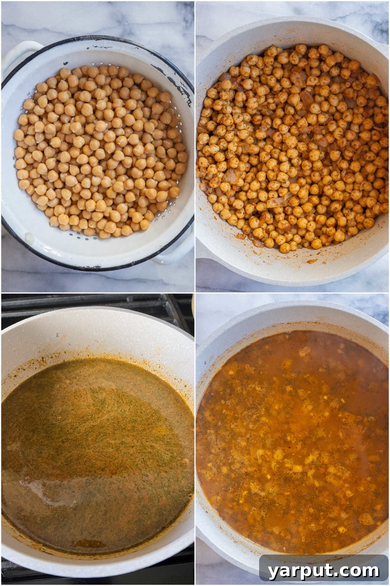 Visual guide demonstrating the simple steps to make creamy falafel soup, featuring canned chickpeas, a selection of aromatic spices, and vegetable broth in a pot.