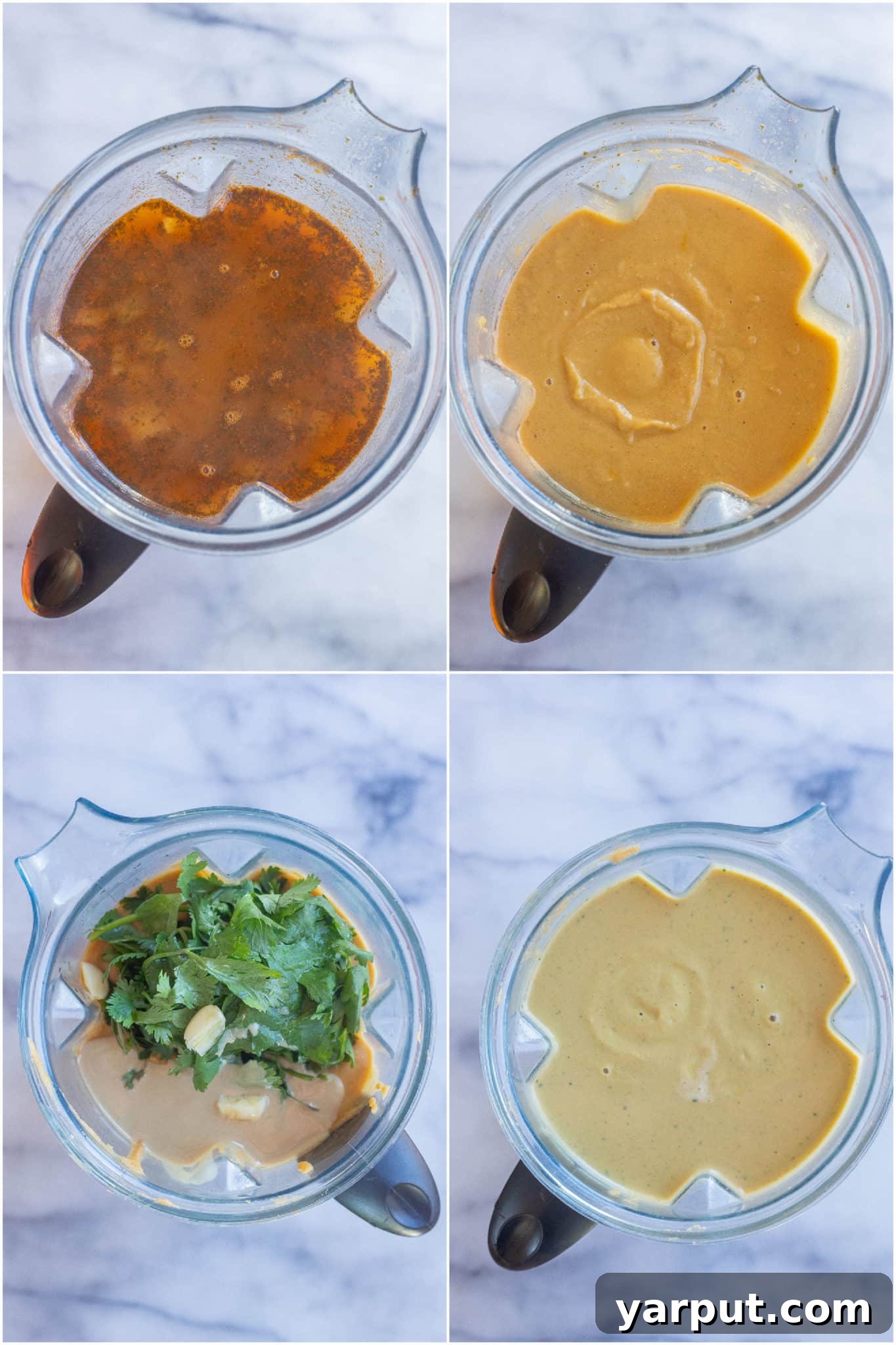 A close-up view of a blender, actively processing the rich chickpea soup mixture with tahini and fresh herbs, transforming it into a silky, creamy texture.