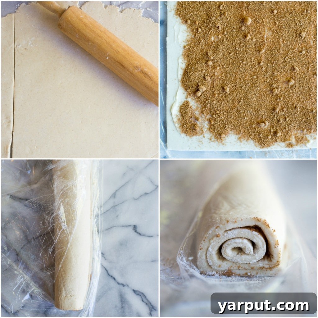 Decadent Vegan Gluten-Free Cinnamon Rolls 4 More step-by-step photos showing the preparation of gluten-free cinnamon rolls, including the cinnamon sugar topping.