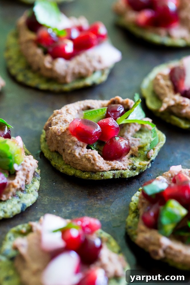 Kale Crackers with Black Bean Hummus and Pomegranate Salsa- A delicious and fun snack or appetizer to serve at your next party! Gluten free and vegan!