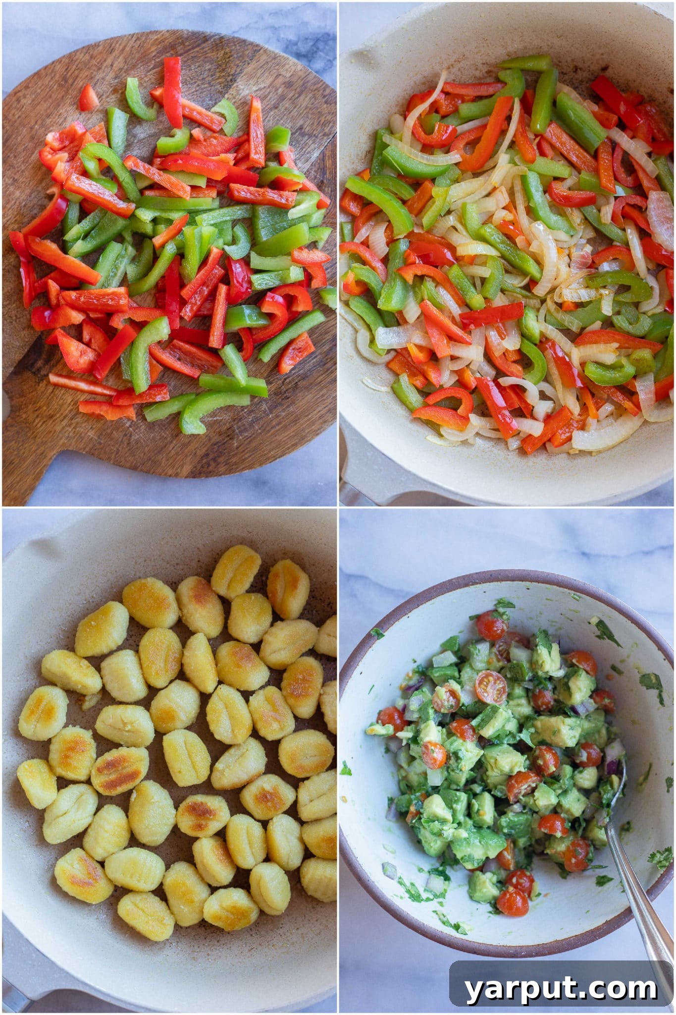 Fiesta Gnocchi Skillet with Fresh Avocado Salsa 3 Step-by-step preparation for Fajita Gnocchi Skillet, showing sliced bell peppers, cooked gnocchi, and ingredients for fresh avocado salsa.