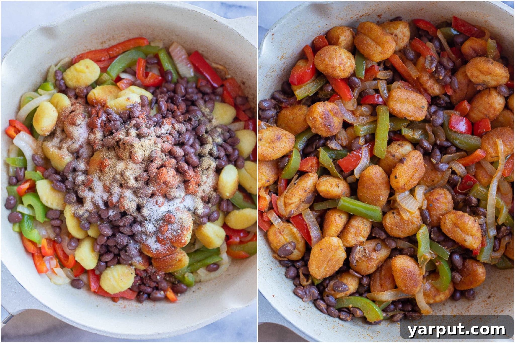 Fiesta Gnocchi Skillet with Fresh Avocado Salsa 4 Before and after stages of the Fajita Gnocchi Skillet, showing ingredients mixed into a hearty meal.