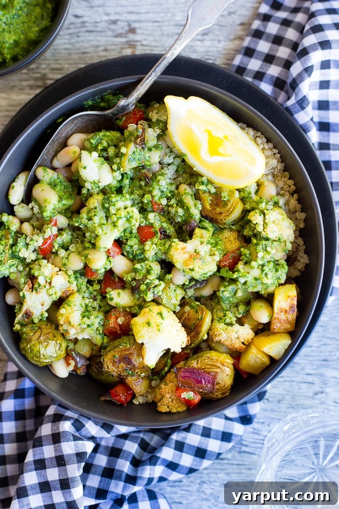 Emerald Pesto & Roasted Veggie Bowls 4 These Roasted Veggie Buddha Bowls are so healthy and delicious! Just put everything in one bowl for a perfect comfort food dinner! All topped off with some refreshing pesto. Gluten free and vegan!