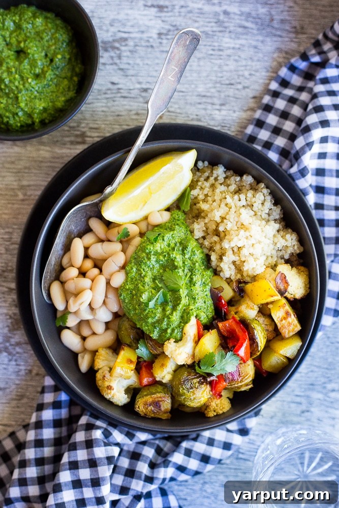 Emerald Pesto & Roasted Veggie Bowls 8 These Roasted Veggie Buddha Bowls are so healthy and delicious! Just put everything in one bowl for a perfect comfort food dinner! All topped off with some refreshing pesto. Gluten free and vegan!