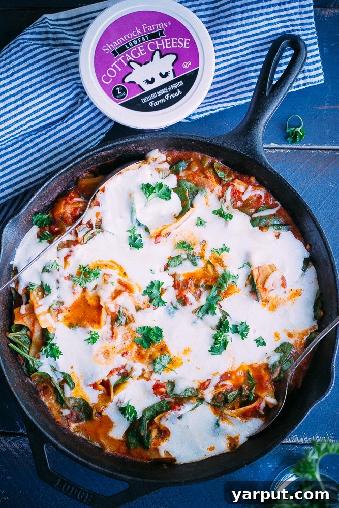 Quick and Healthy Skillet Lasagna 6 One pan lasagna in a skillet with a spoon