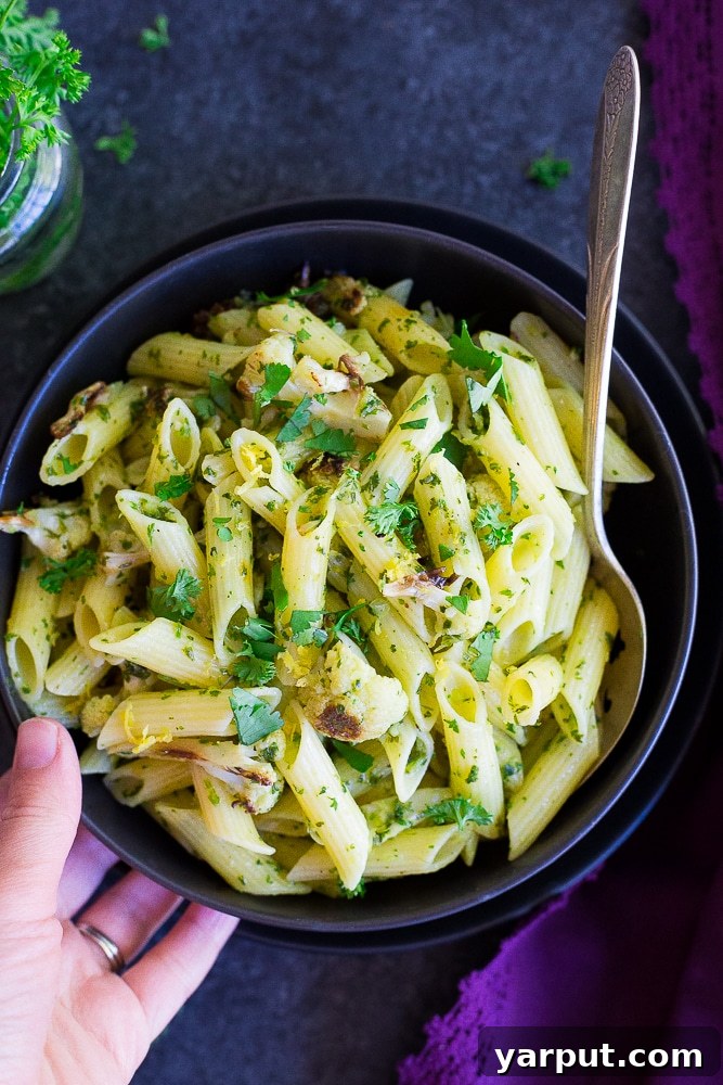 Quick Roasted Cauliflower Pasta with Zesty Lemon Chimichurri 4 This fresh and flavorful pasta only takes 30 minutes to make! It's a quick, easy and delicious weeknight dinner recipe! Vegan and gluten free!