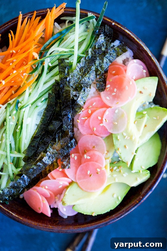 Vibrant Veggie Sushi Bowls with Tangy Radish Pickles 4 These Veggie Sushi Bowls with Quick Pickled Radishes come together really quickly for a delicious and healthy meal! Eat them for dinner or make them as a lunch meal prep idea! Vegan and gluten free!