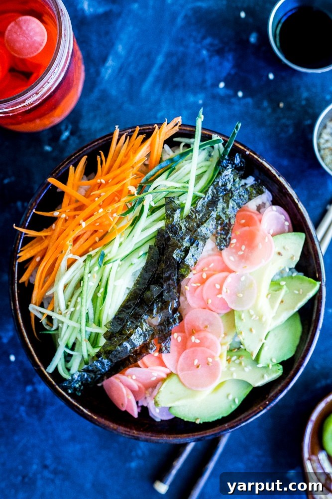 Vibrant Veggie Sushi Bowls with Tangy Radish Pickles 5 These Veggie Sushi Bowls with Quick Pickled Radishes come together really quickly for a delicious and healthy meal! Eat them for dinner or make them as a lunch meal prep idea! Vegan and gluten free!