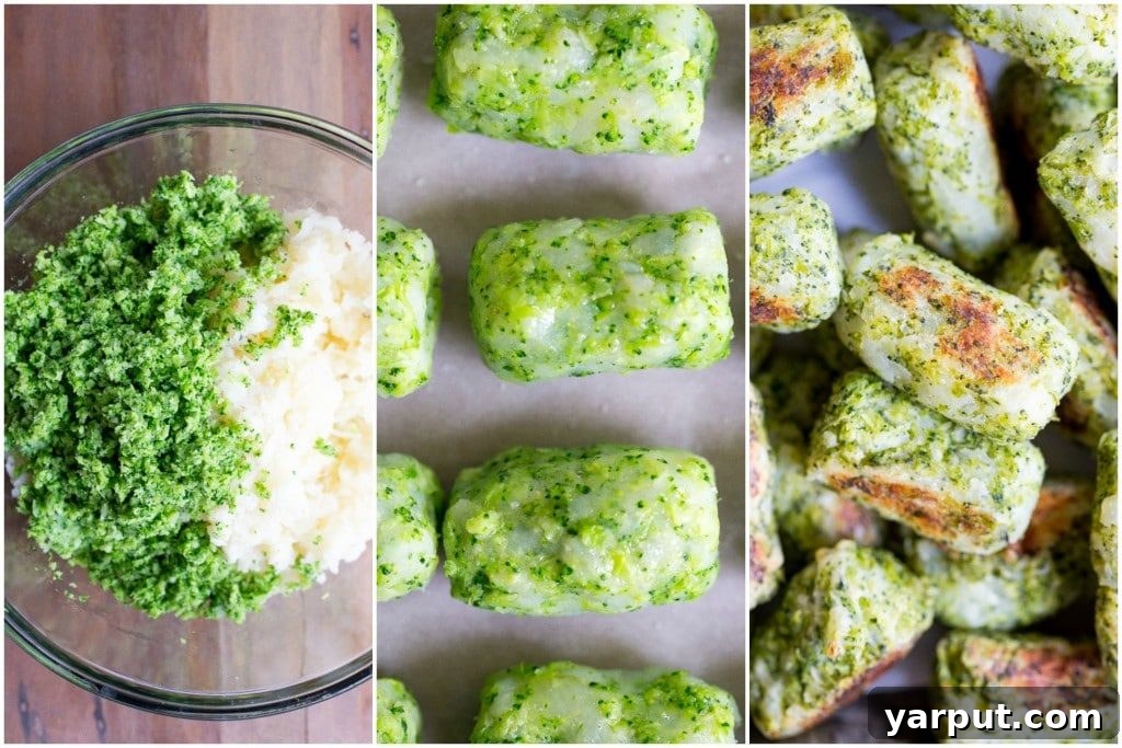 Healthy 4-Ingredient Broccoli Tots 3 Close-up of baked broccoli tater tots on a parchment-lined baking sheet, golden and crispy