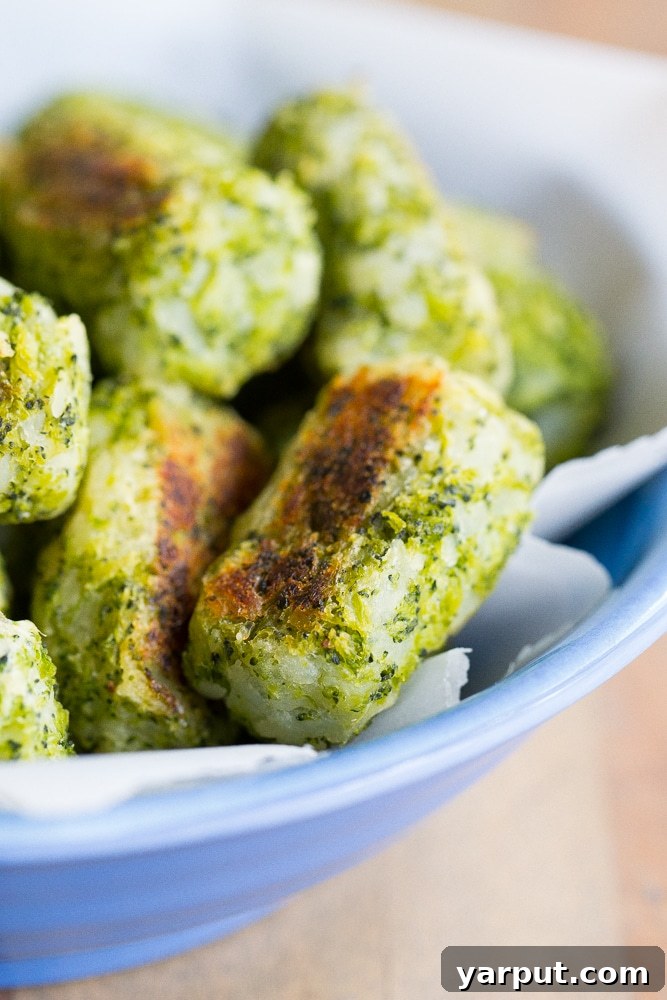 Healthy 4-Ingredient Broccoli Tots 7 A plate of freshly baked broccoli tater tots ready to be served
