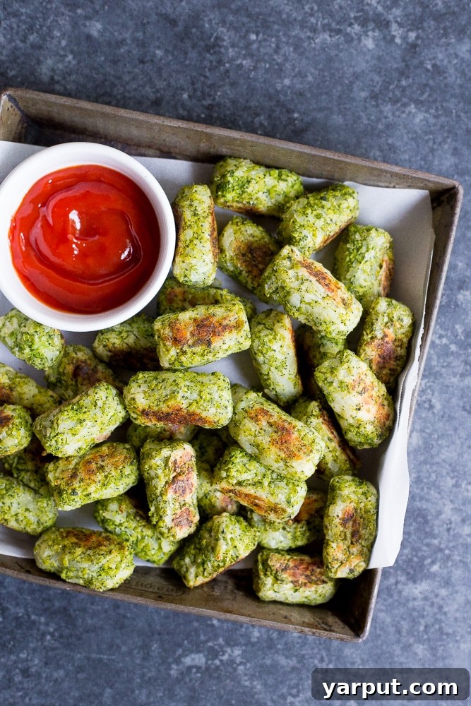 Healthy 4-Ingredient Broccoli Tots 8 Serving suggestion for healthy broccoli tater tots with a dipping sauce