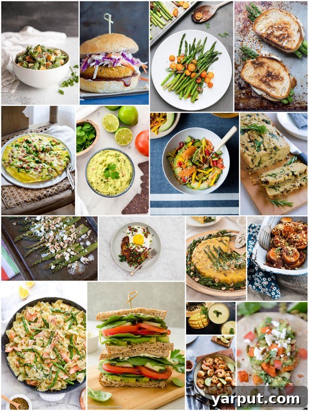 Smoky BBQ Chickpea and Cauliflower Patties 6 A vibrant collage of April seasonal recipes, including salads, roasted vegetables, and main dishes.