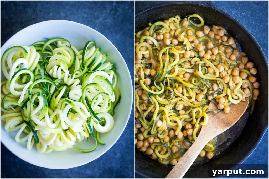 30-Minute Orange Ginger Chickpea Zoodle Bowls 3 Top-down shot of a Zucchini Noodle Chickpea Bowl with orange ginger sauce and fresh garnishes