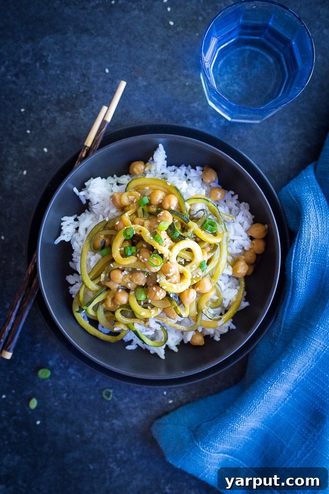 30-Minute Orange Ginger Chickpea Zoodle Bowls 8 Another perspective of the Orange Ginger Zucchini Noodle Chickpea Bowls, emphasizing the vibrant colors