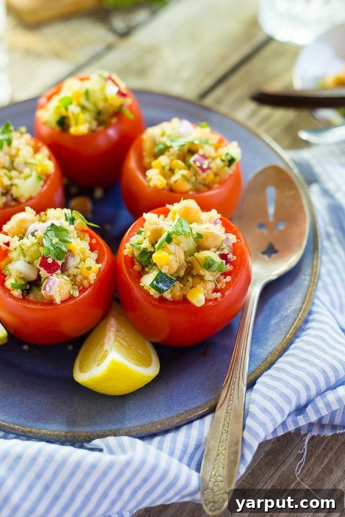 55 Refreshing & Healthy Summer Sides 52 Quinoa and Chickpea Stuffed Tomatoes, a healthy and elegant side dish