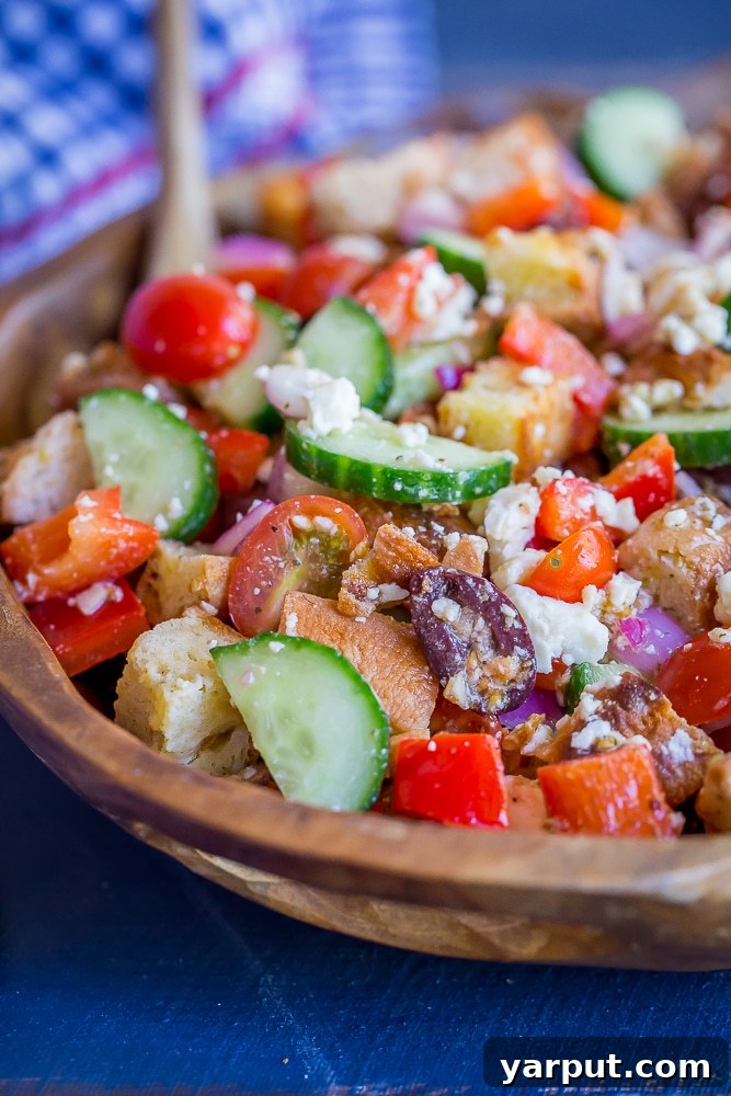 Vibrant Greek Panzanella 3 Greek Panzanella Salad with fresh vegetables, crispy bread, and a tangy vinaigrette. Perfect for a healthy and filling summer meal. Naturally vegetarian and gluten-free adaptable.