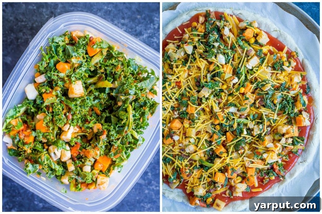 Southwest Fiesta Pizza 4 Ingredients for Southwest Veggie Taco Pizza laid out, including Mann's Nourish Bowl, pizza crust, taco sauce, and cheese.