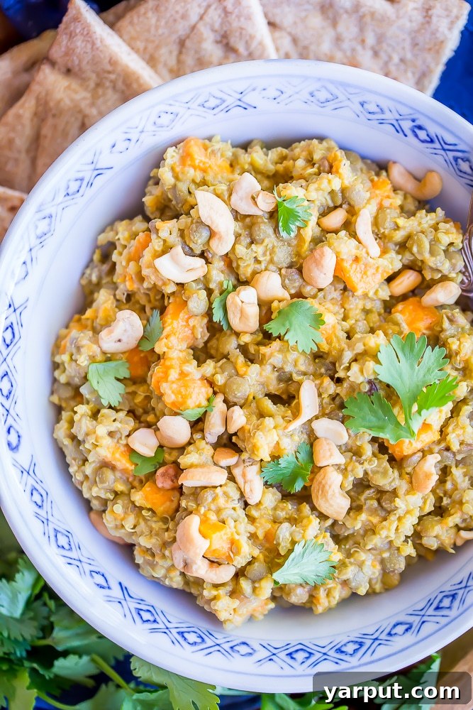 Wholesome One-Pot Coconut Curry with Quinoa, Lentils, and Sweet Potatoes 3 Close-up of the hearty One-Pot Coconut Curry with visible quinoa, lentils, and tender sweet potato chunks simmering in a creamy sauce.