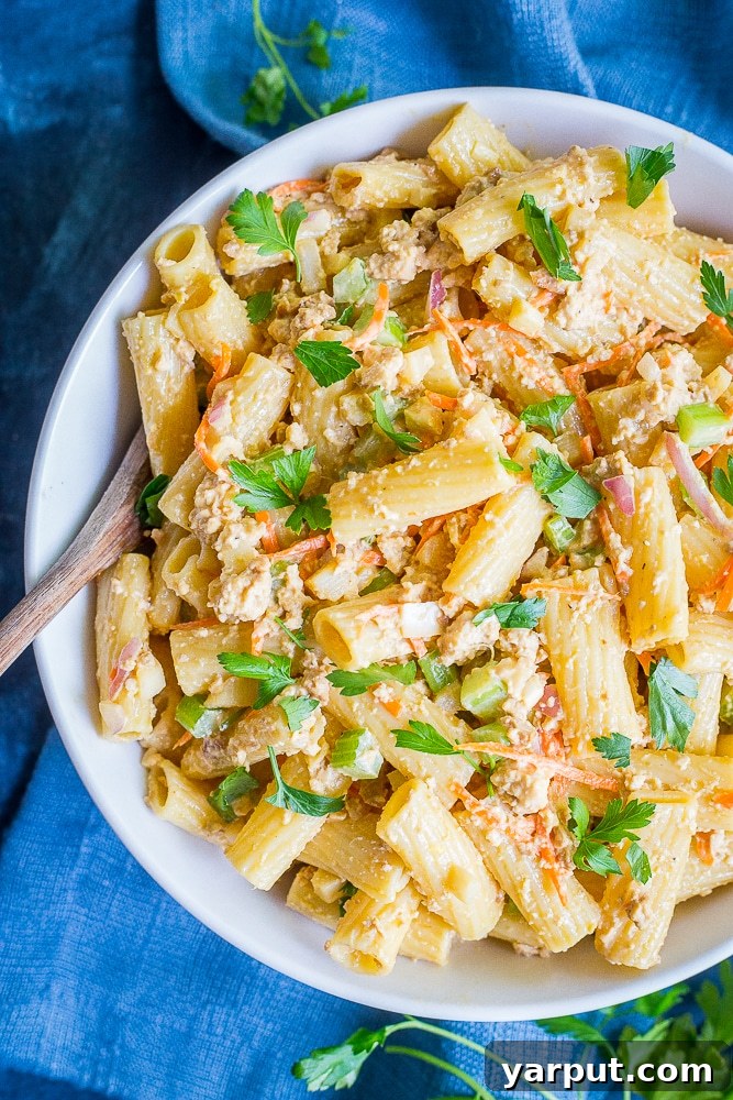 Plant-Based Tuna Pasta Salad 3 Creamy Vegan Tuna Pasta Salad with fresh vegetables, made with crumbled tofu and nori flakes for an authentic ocean flavor. A perfect plant-based alternative for lunch or dinner.