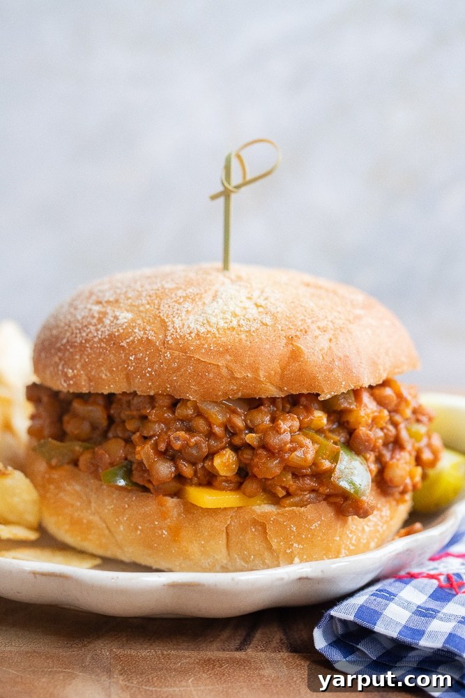 Ultimate Lentil Sloppy Joes 2 A delicious vegetarian sloppy joe sandwich on a plate with crispy potato chips and tangy pickles, highlighting a quick and easy plant-based dinner solution.