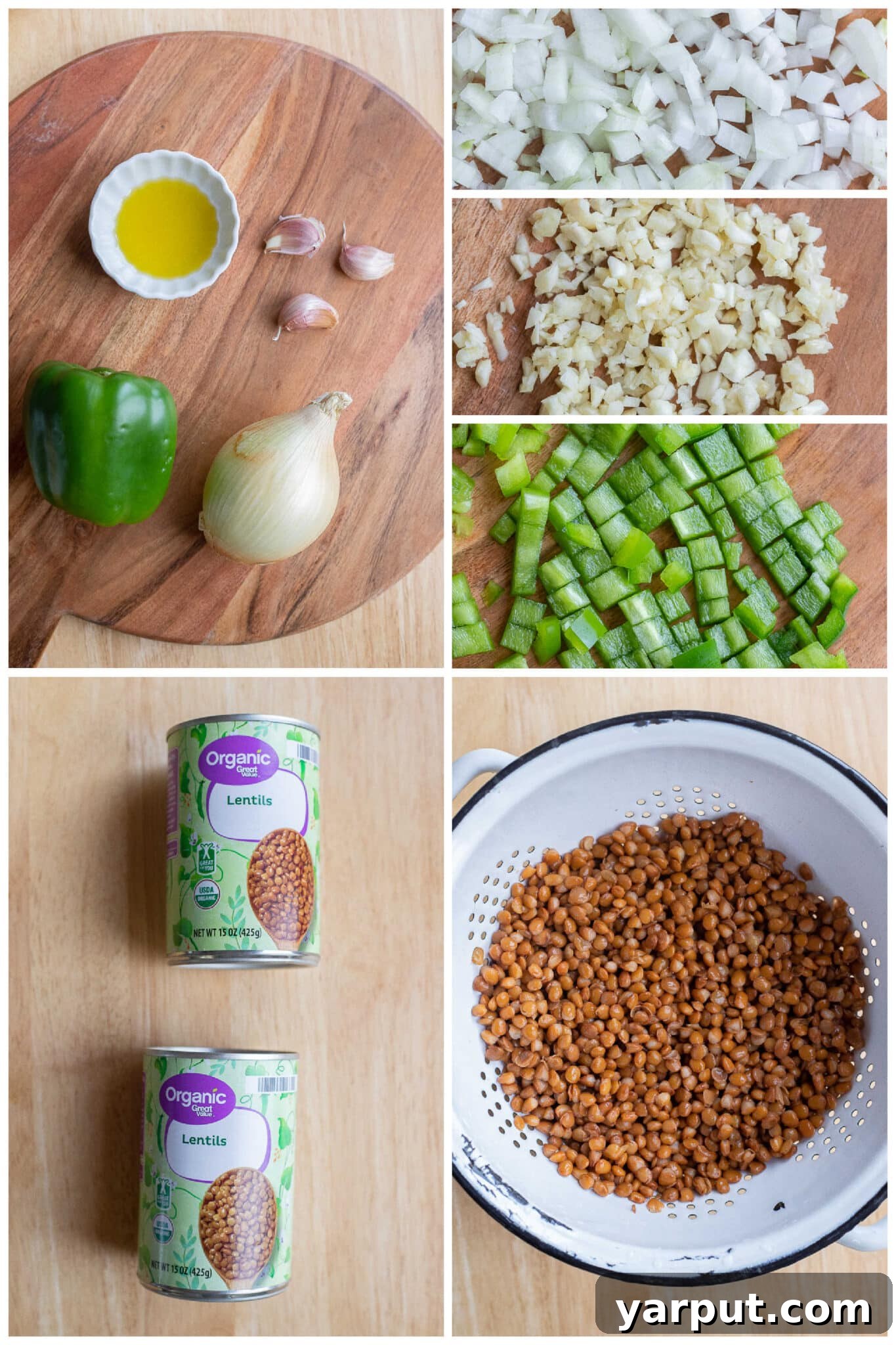 Ultimate Lentil Sloppy Joes 3 Ingredients laid out for making vegetarian lentil sloppy joes, featuring canned lentils, fresh vegetables, sauce components, and walnuts.