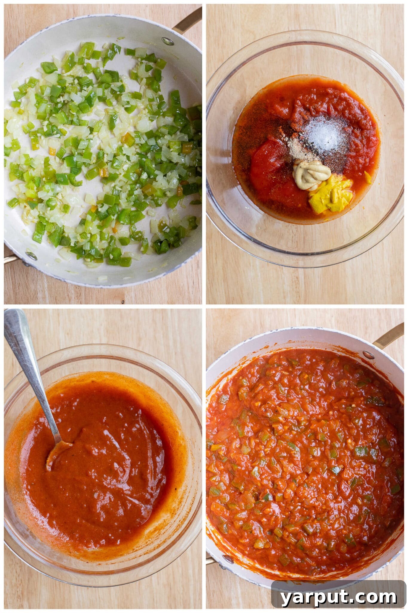 Ultimate Lentil Sloppy Joes 4 Hands mixing sloppy joe sauce in a bowl before adding it to sautéed vegetables in a skillet, demonstrating the homemade sauce preparation.