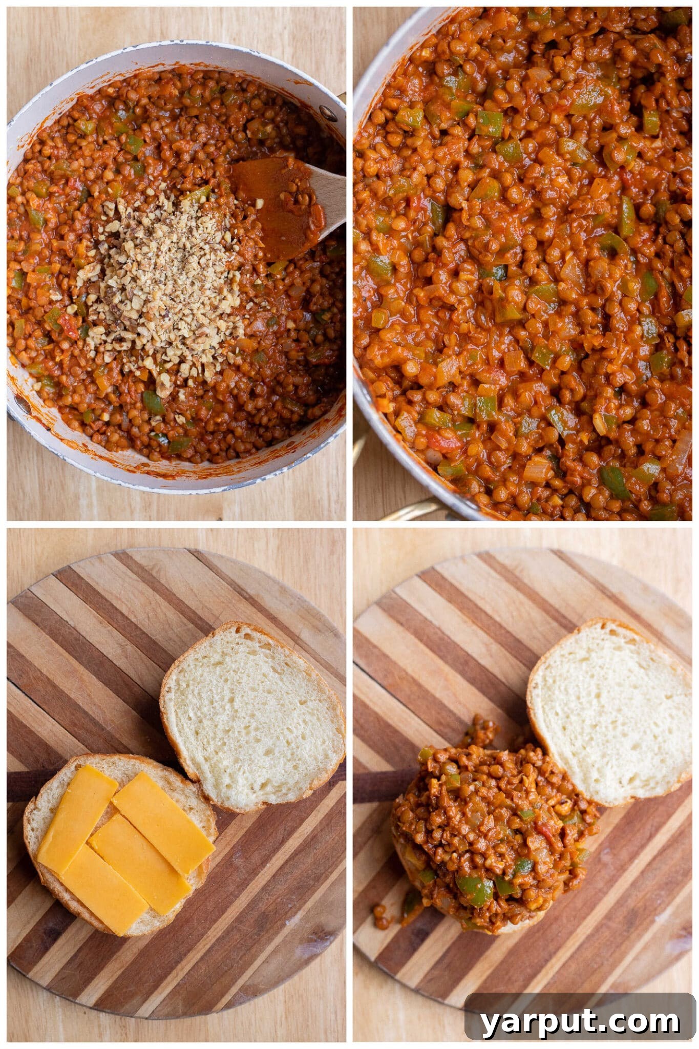 Ultimate Lentil Sloppy Joes 5 Assembling a vegetarian lentil sloppy joe on a bun with a slice of melting cheese underneath the hearty filling.