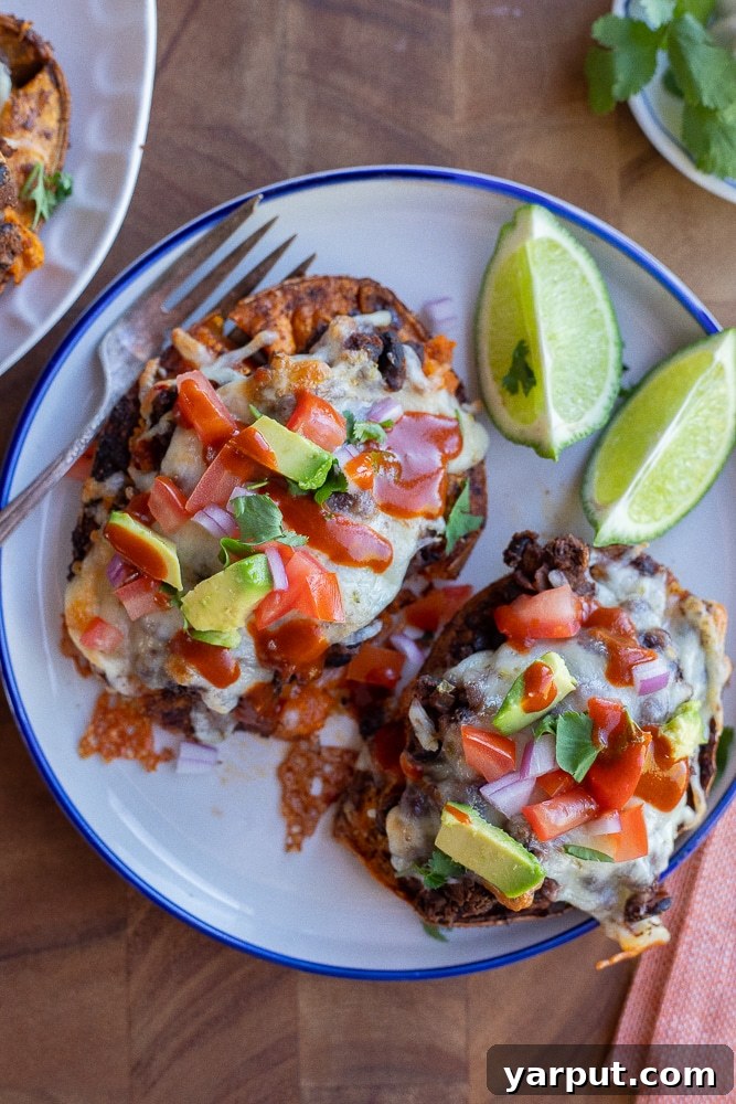 Hearty Black Bean Sweet Potato Bake 2 A beautifully arranged plate of Black Bean Roasted Sweet Potatoes, generously topped with fresh avocado, vibrant salsa, and chopped cilantro, ready to be enjoyed with a side of crispy tortilla chips.