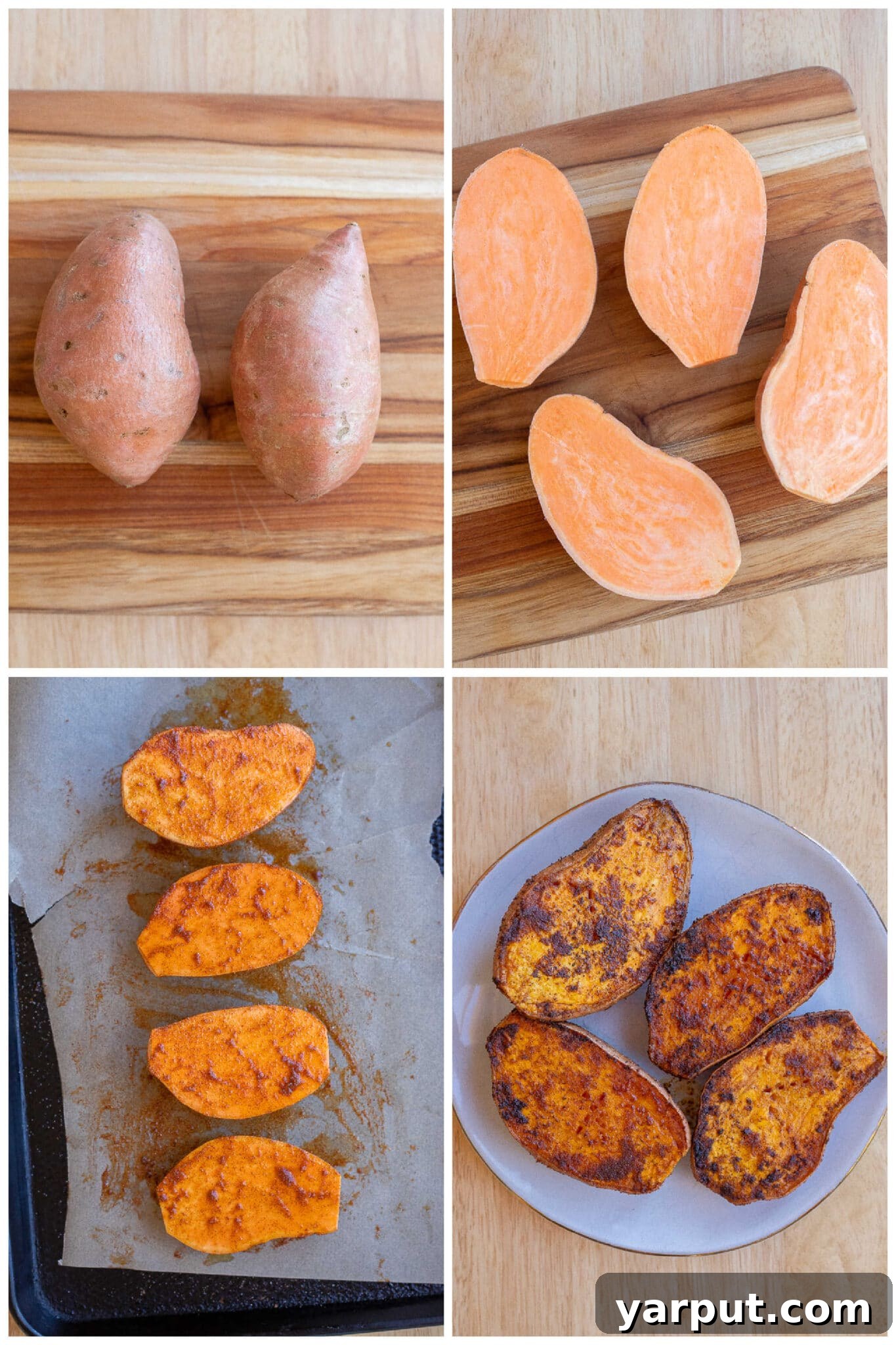 Hearty Black Bean Sweet Potato Bake 3 A step-by-step image showing how to prepare the black bean roasted sweet potatoes, from slicing the sweet potatoes to seasoning them for roasting.