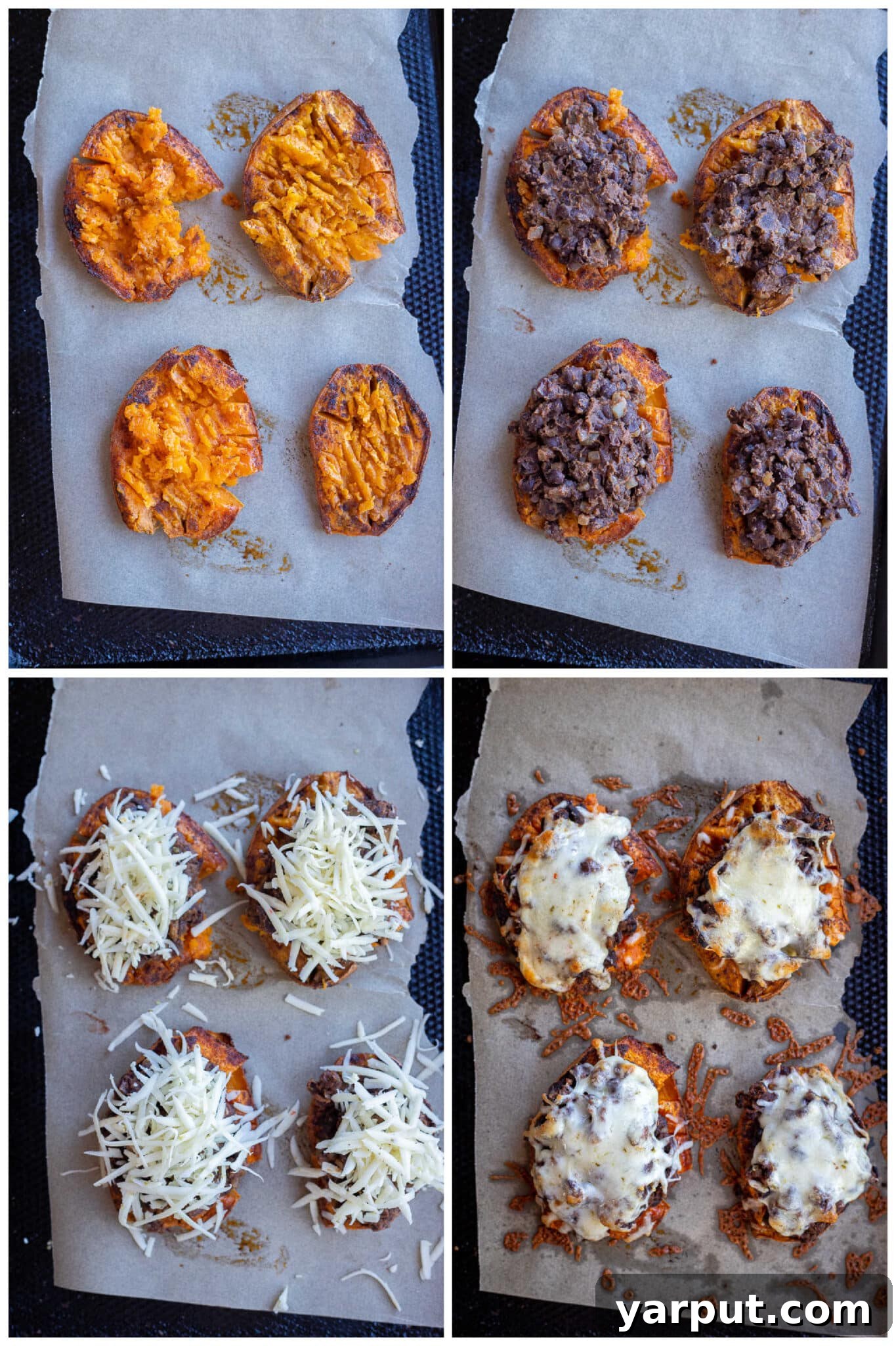 Hearty Black Bean Sweet Potato Bake 5 An overhead shot demonstrating the assembly of Black Bean Roasted Sweet Potatoes, showing the cooked sweet potato halves being topped with seasoned black beans and shredded cheese before their final bake.