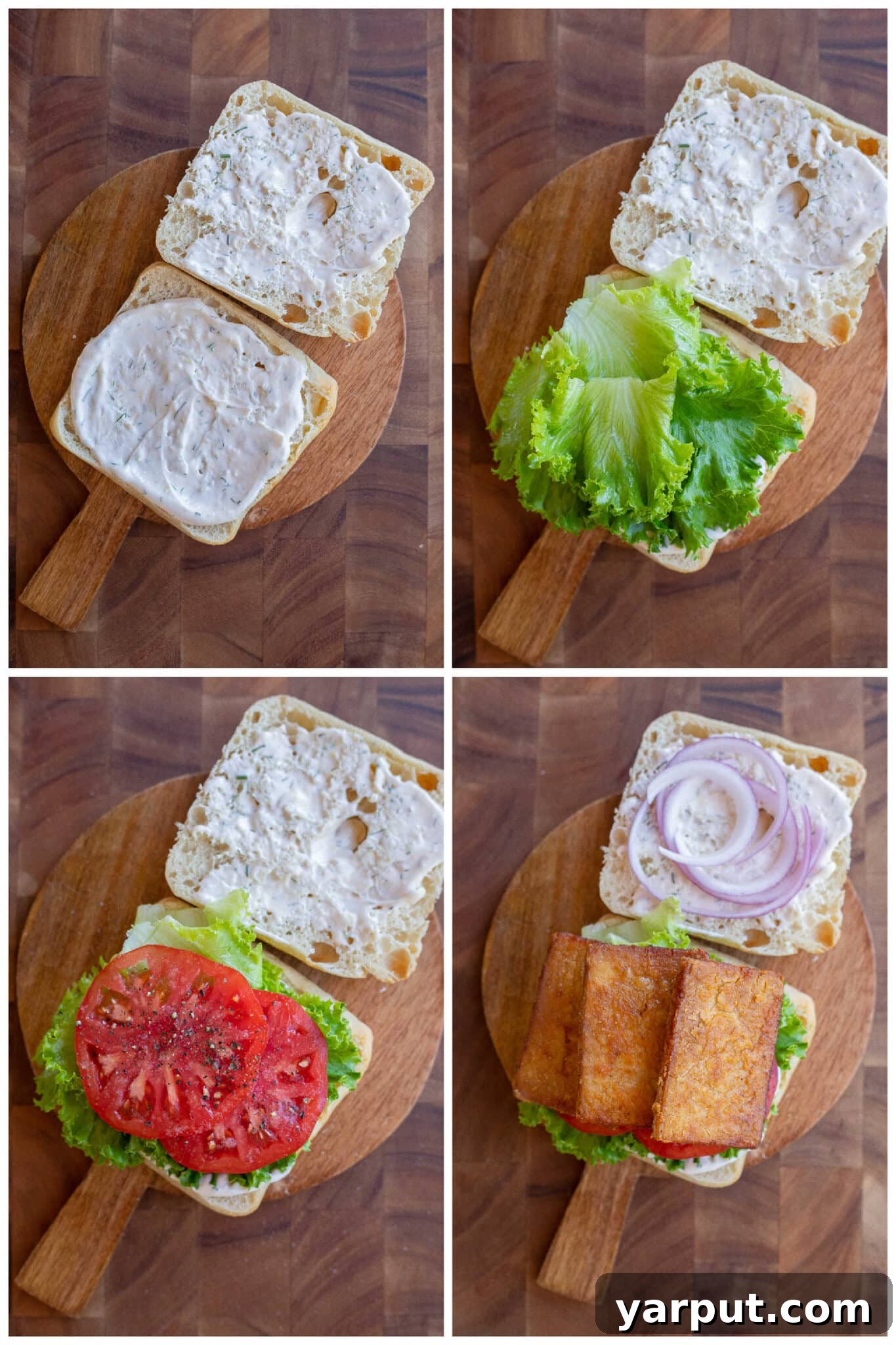Step-by-step image showing how to assemble a vegetarian BLT, layering lettuce, tomatoes, and tofu bacon on toasted bread with mayo.