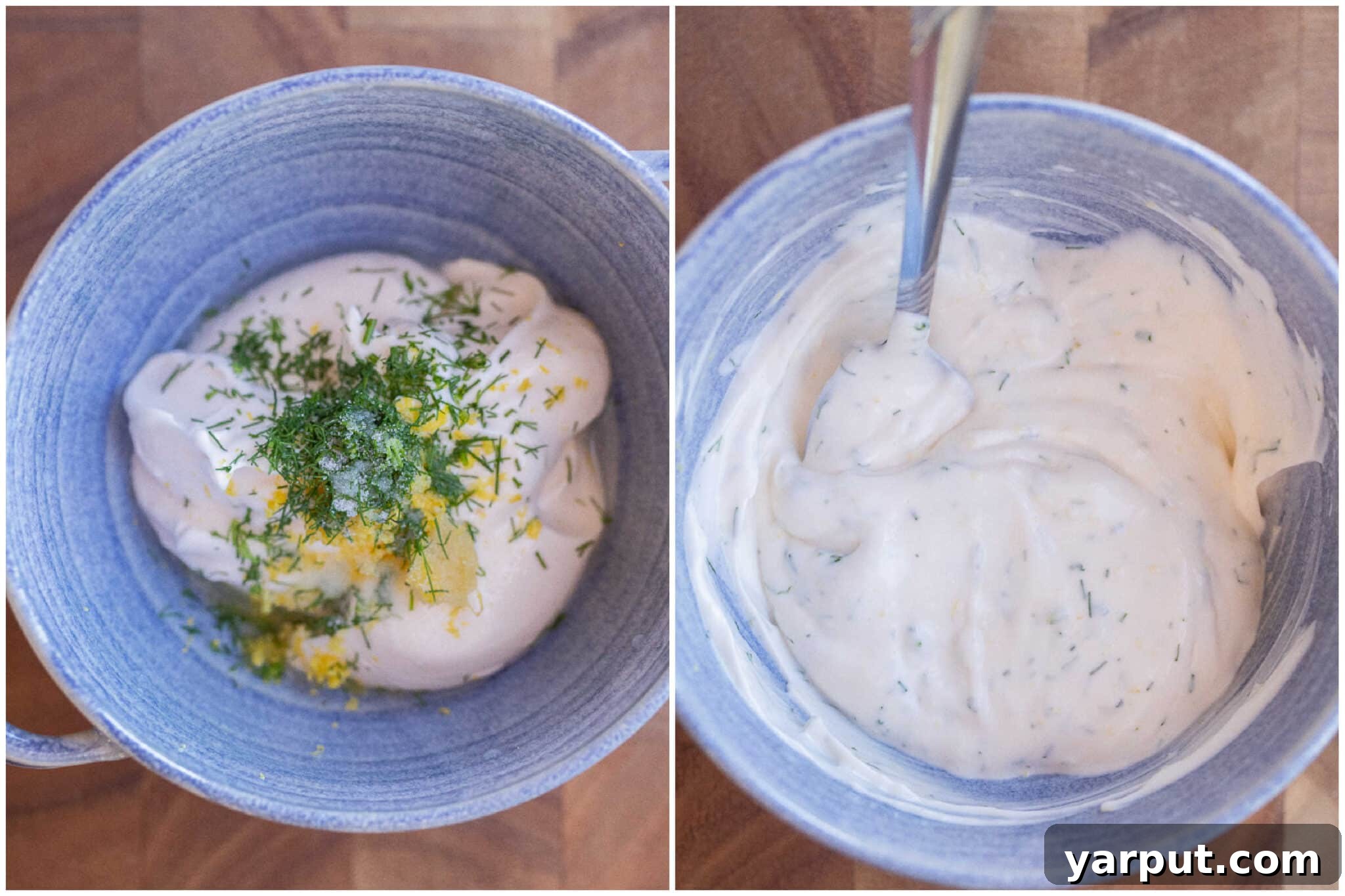 Close-up of a bowl of lemon dill mayonnaise before and after mixing, showing its creamy texture and fresh herbs.