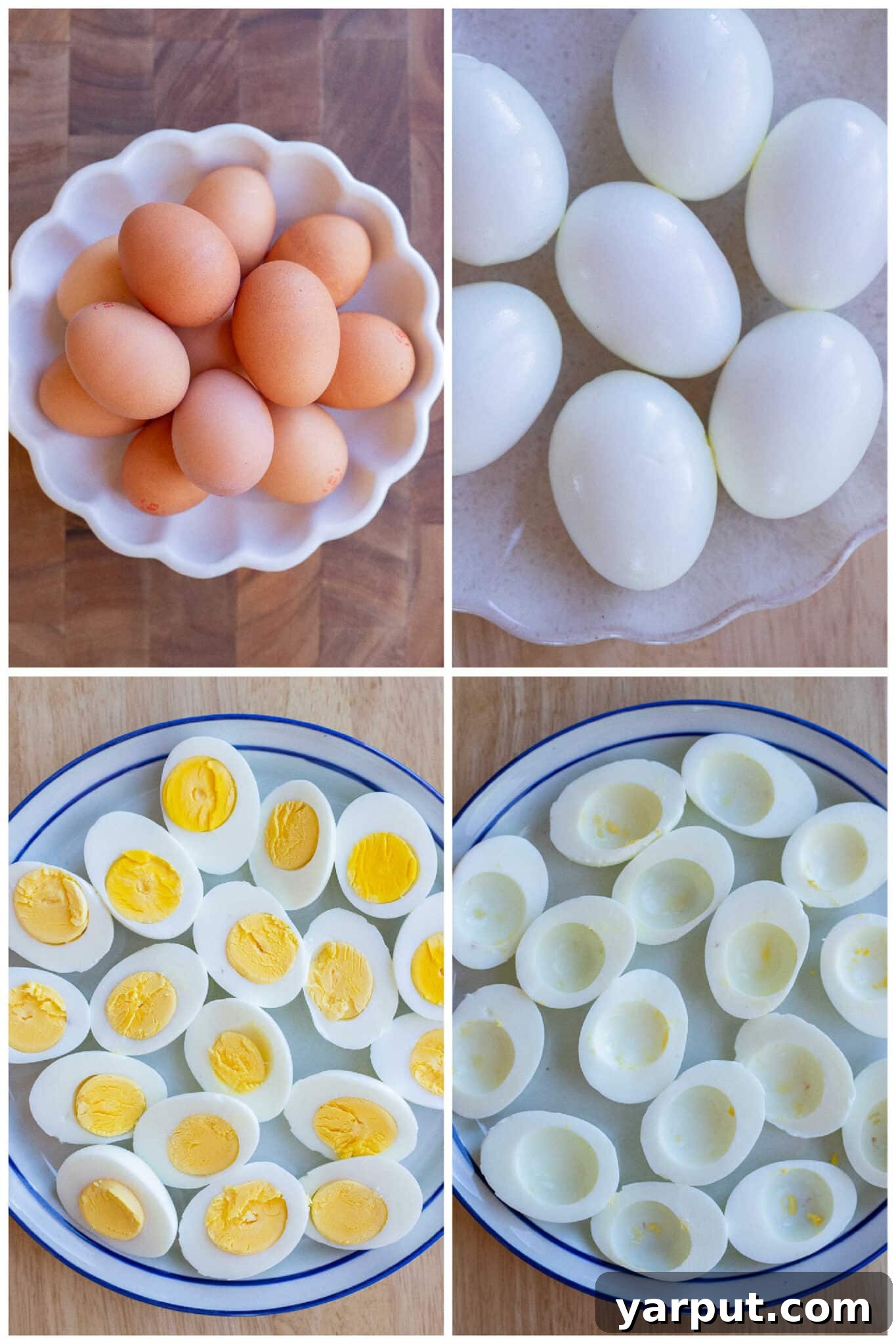 Herbal Ambrosia Deviled Eggs 3 A step-by-step image showing how to prepare hard-boiled eggs: slicing them in half and carefully removing the yolks into a bowl for mixing.