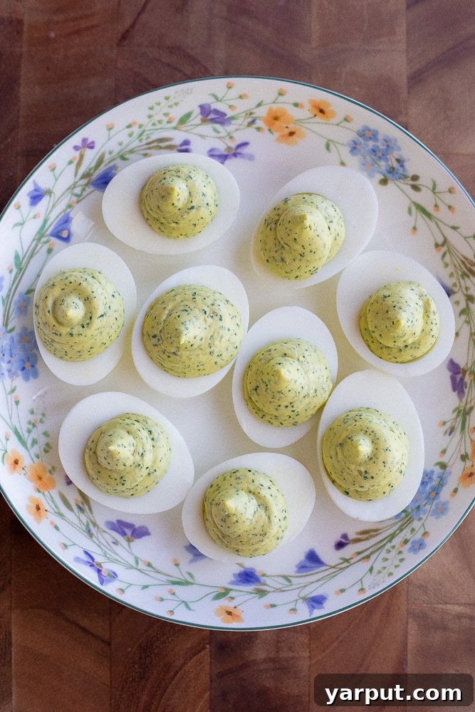 Herbal Ambrosia Deviled Eggs 4 A stunning close-up of Green Goddess Deviled Eggs beautifully arranged on a white plate, showcasing their vibrant green filling and elegant presentation, ready to be enjoyed.