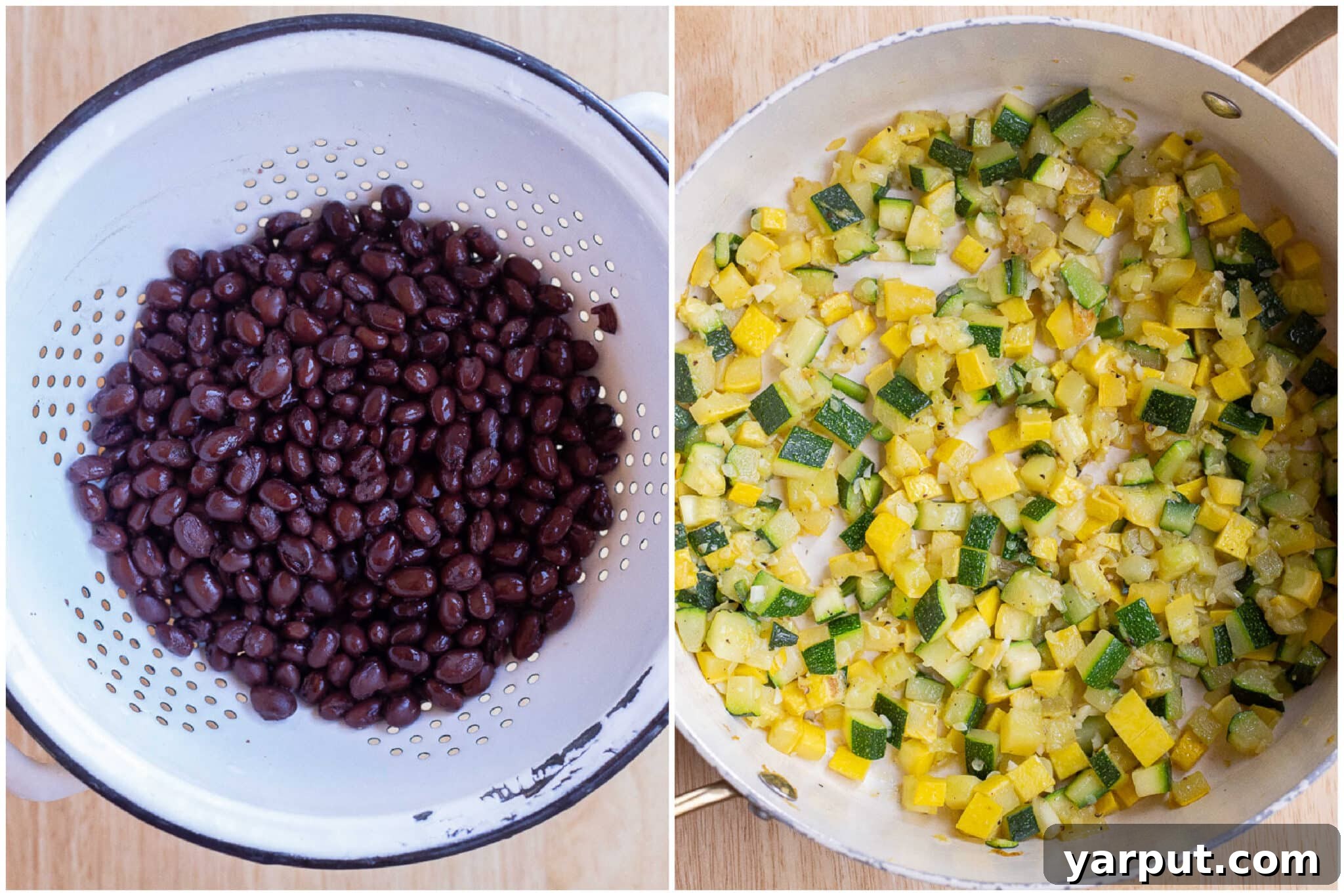 drained black beans and cooked zucchini and squash
