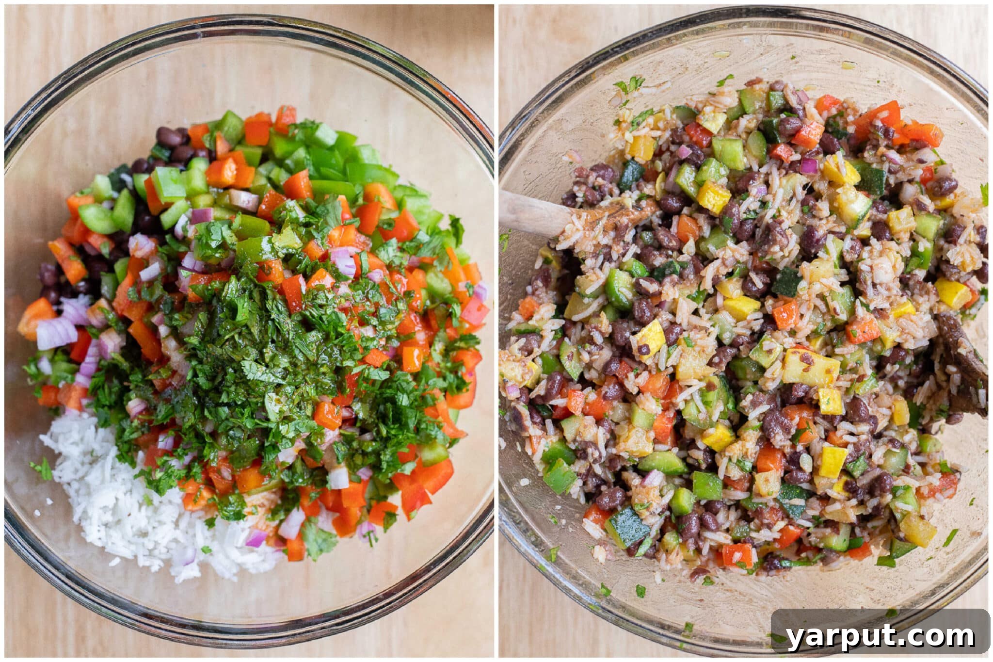 smoky paprika black bean salad before and after it has been mixed up