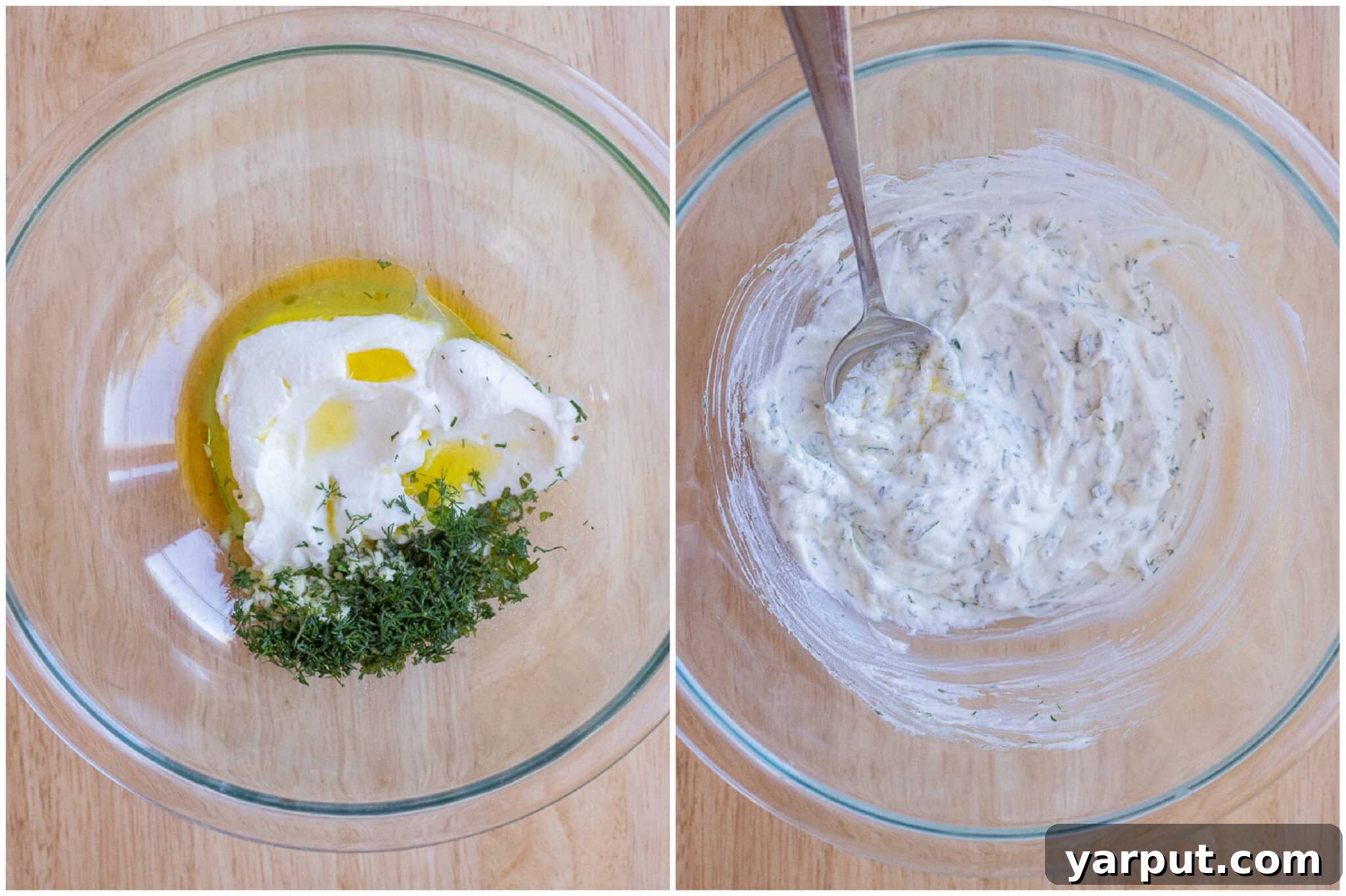 Chunky Tzatziki Cucumber Salad Recipe with Fresh Dill and Garlic 3 Showing how to make the tzatziki sauce dressing for the cucumber salad