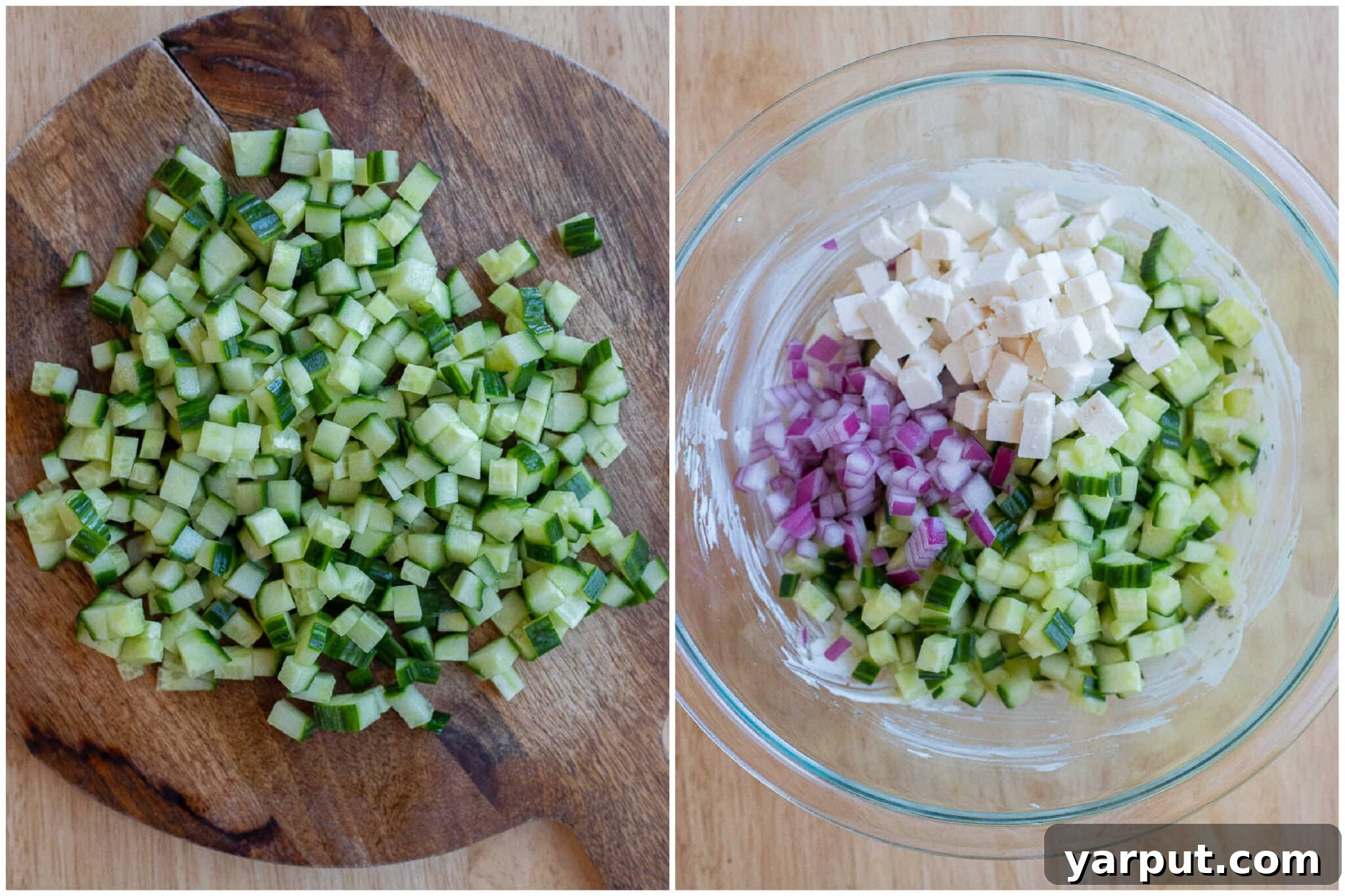 Chunky Tzatziki Cucumber Salad Recipe with Fresh Dill and Garlic 4 cubed cucumber in a bowl with feta cheese and red onion