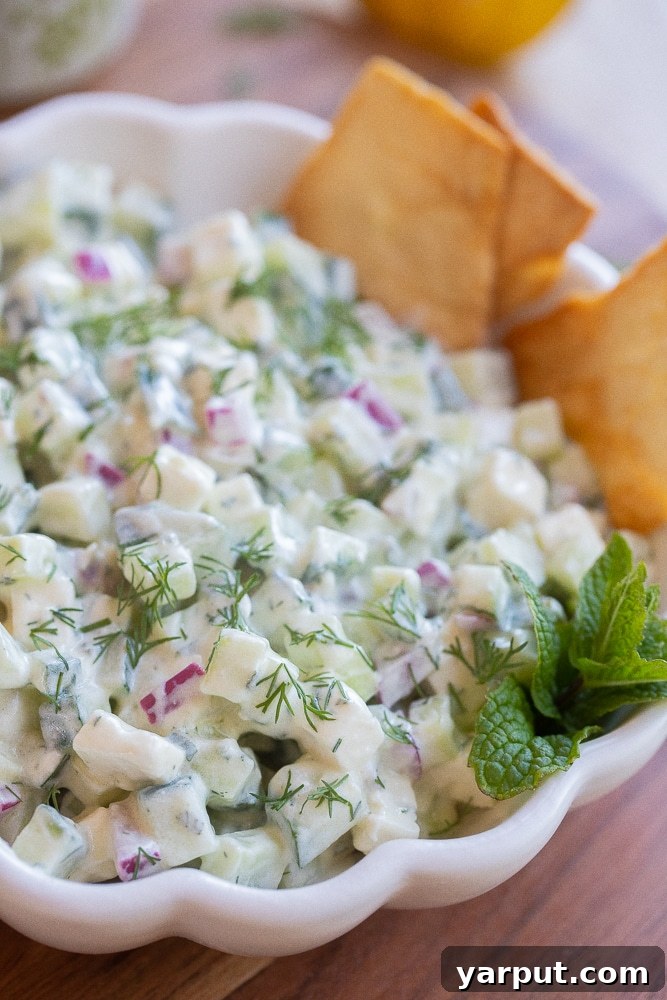 Chunky Tzatziki Cucumber Salad Recipe with Fresh Dill and Garlic 6 close up of a bowl of cucumber salad with yogurt and fresh herbs