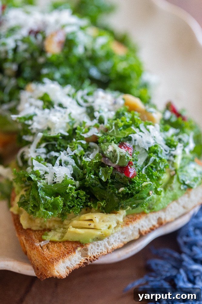 Close up of these fresh and flavorful kale salad avocado toasts