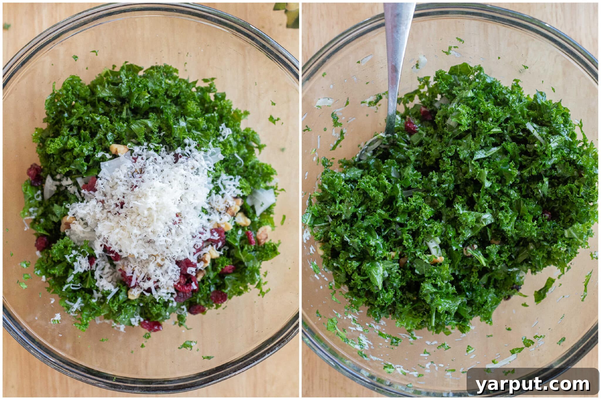 Showing how to make the kale salad with parmesan cheese, dried cranberries and walnuts